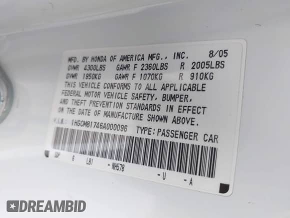 2006 Honda Accord EX-L с VIN 1HGCM81746A000096, выставлен на аукционе IAAI как лот 42110831 с пробегом 69 768 миль миль и . История ставок и продаж доступна на DreamBid. Изображение 9.