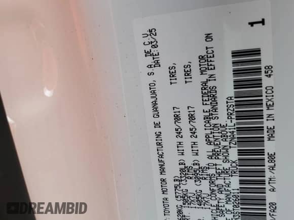 2025 Toyota Tacoma SR с VIN 3TYKD5HN3ST026011, выставлен на аукционе Copart как лот 80142185 с пробегом 7 865 миль миль и Списание • Salvage title. История ставок и продаж доступна на DreamBid. Изображение 13.