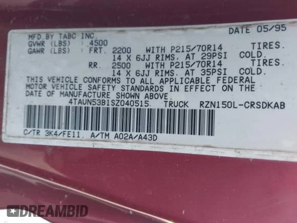 1995 Toyota Tacoma z VIN 4TAUN53B1SZ040515, wystawiony jako IAAI lot #43135152 z przebiegiem 259 900 mil mil oraz . Historia ofert i sprzedaży dostępna na DreamBid. Obrazek 9.