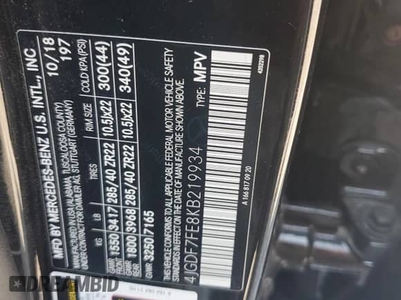 2019 Mercedes-Benz GLS 63 AMG z VIN 4JGDF7FE8KB219934, wystawiony jako Copart lot #69284755 z przebiegiem 102 781 mil mil oraz Szkoda całkowita • Salvage title. Historia ofert i sprzedaży dostępna na DreamBid. Obrazek 13.