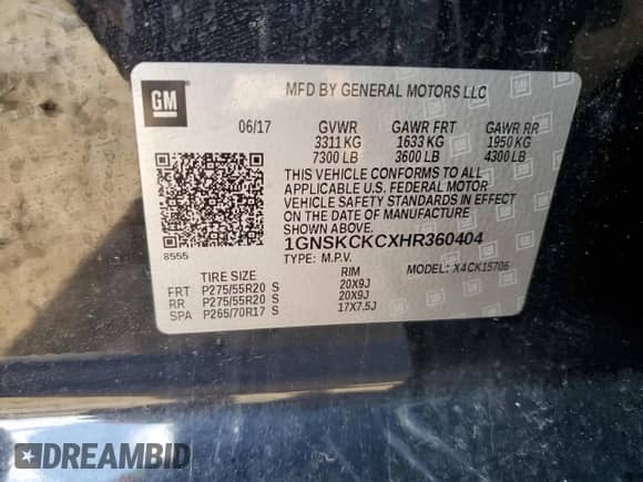 2017 Chevrolet Tahoe Premier with VIN 1GNSKCKCXHR360404, listed as a Copart auction lot 85515675 with Not provided miles and Salvage title. Bid and sale history available at DreamBid. Image 13.
