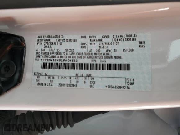 2020 Ford F-150 XL z VIN 1FTEW1E45LFA04553, wystawiony jako Copart lot #85517955 z przebiegiem 85 997 mil mil oraz Szkoda całkowita • Salvage title. Historia ofert i sprzedaży dostępna na DreamBid. Obrazek 12.