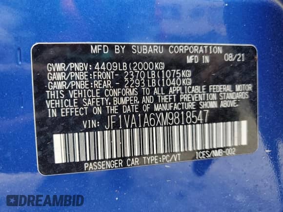 2021 Subaru WRX with VIN JF1VA1A6XM9818547, listed as a Copart auction lot 64762565 with 63,996 mi miles and Salvage title. Bid and sale history available at DreamBid. Image 12.