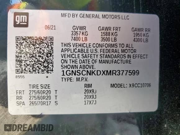 2021 Chevrolet Tahoe LT z VIN 1GNSCNKDXMR377599, wystawiony jako Copart lot #68532225 z przebiegiem 124 686 mil mil oraz Szkoda całkowita • Salvage title. Historia ofert i sprzedaży dostępna na DreamBid. Obrazek 14.