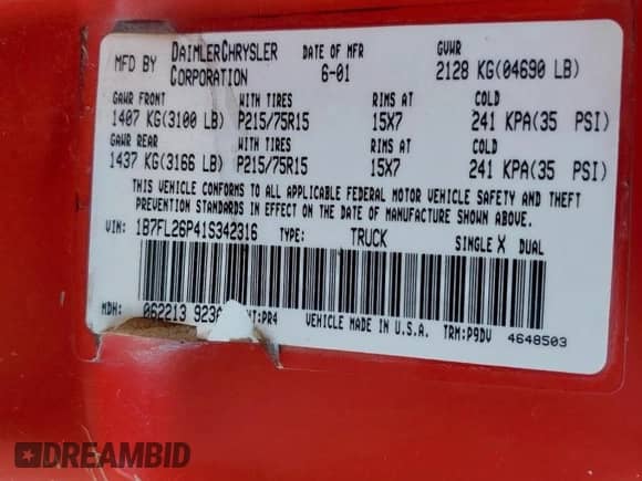 2001 Dodge Dakota с VIN 1B7FL26P41S342316, выставлен на аукционе Copart как лот 68093465 с пробегом 239 647 миль миль и Списание • Salvage title. История ставок и продаж доступна на DreamBid. Изображение 13.