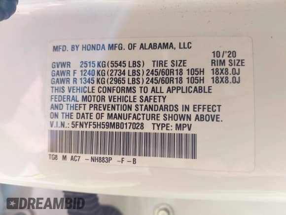 2021 Honda Pilot EX-L z VIN 5FNYF5H59MB017028, wystawiony jako IAAI lot #42580843 z przebiegiem 61 557 mil mil oraz . Historia ofert i sprzedaży dostępna na DreamBid. Obrazek 9.