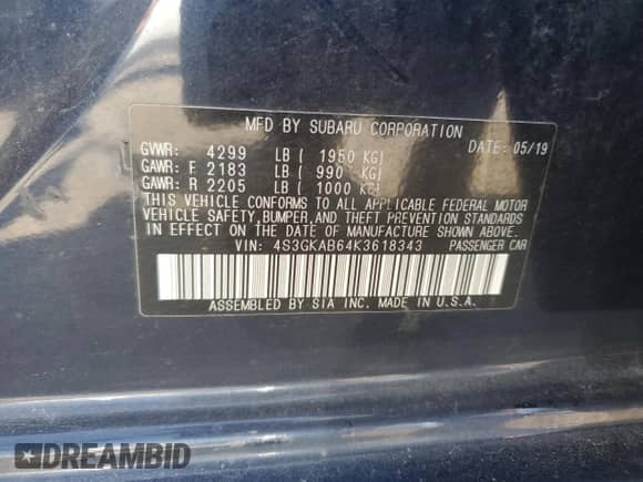 2019 Subaru Impreza with VIN 4S3GKAB64K3618343, listed as a Copart auction lot 69979135 with 103,887 mi miles and Salvage title. Bid and sale history available at DreamBid. Image 12.