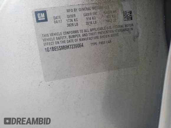 2017 Chevrolet Cruze LT с VIN 1G1BE5SM9H7239064, выставлен на аукционе Copart как лот 85882735 с пробегом 124 500 миль миль и Списание • Salvage title. История ставок и продаж доступна на DreamBid. Изображение 12.