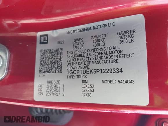 2023 Chevrolet Colorado 4WD Z71 with VIN 1GCPTDEK5P1229334, listed as a IAAI auction lot 42201772 with Not provided miles and . Bid and sale history available at DreamBid. Image 9.