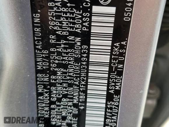 2017 Toyota Camry SE with VIN 4T1BF1FK2HU349439, listed as a Copart auction lot 86279635 with 87,461 mi miles and Salvage title. Bid and sale history available at DreamBid. Image 13.