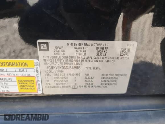 2016 Chevrolet Traverse LTZ с VIN 1GNKVJKD3GJ318903, выставлен на аукционе Copart как лот 71268015 с пробегом 167 540 миль миль и Списание • Salvage title. История ставок и продаж доступна на DreamBid. Изображение 13.