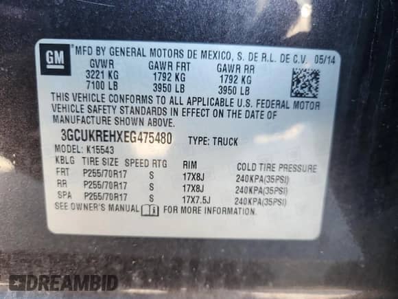 2014 Chevrolet Silverado 1500 LT с VIN 3GCUKREHXEG475480, выставлен на аукционе Copart как лот 87090465 с пробегом 121 179 миль миль и Списание • Salvage title. История ставок и продаж доступна на DreamBid. Изображение 12.