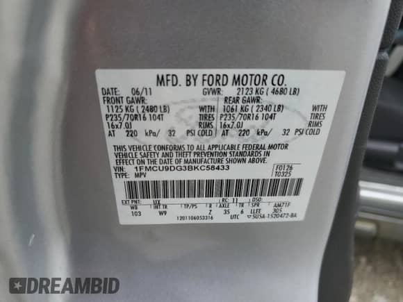 2011 Ford Escape XLT с VIN 1FMCU9DG3BKC58433, выставлен на аукционе Copart как лот 71597035 с пробегом 164 068 миль миль и Чистый • Clean title. История ставок и продаж доступна на DreamBid. Изображение 13.