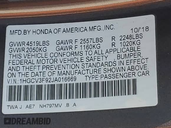 2018 Honda Accord Touring with VIN 1HGCV3F92JA016669, listed as a Copart auction lot 68728755 with 122,603 mi miles and Salvage title. Bid and sale history available at DreamBid. Image 12.