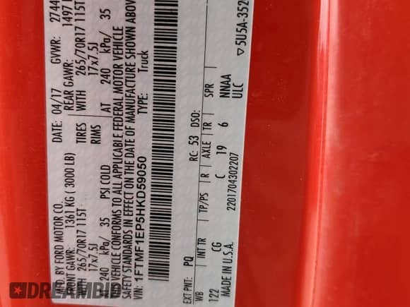 2017 Ford F-150 XL with VIN 1FTMF1EP5HKD59050, listed as a Copart auction lot 46670565 with 100,004 mi miles and Clean title. Bid and sale history available at DreamBid. Image 14.