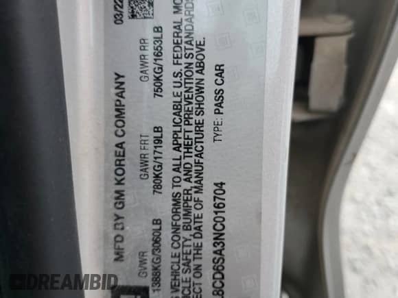 2022 Chevrolet Spark 1LT с VIN KL8CD6SA3NC016704, выставлен на аукционе Copart как лот 69606975 с пробегом 72 823 миль миль и Списание • Salvage title. История ставок и продаж доступна на DreamBid. Изображение 12.