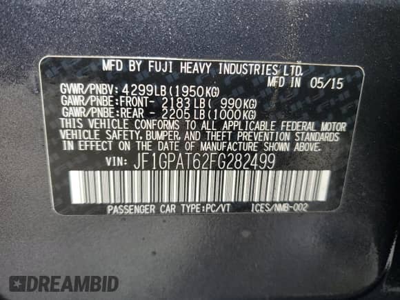 2015 Subaru Impreza Special Sports Premium z VIN JF1GPAT62FG282499, wystawiony jako Copart lot #48061775 z przebiegiem Nie podano mil oraz Szkoda całkowita • Salvage title. Historia ofert i sprzedaży dostępna na DreamBid. Obrazek 13.