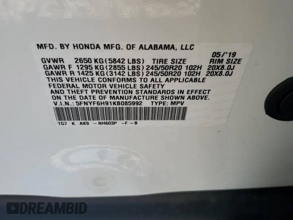 2019 Honda Pilot Touring 8-Passenger z VIN 5FNYF6H91KB085992, wystawiony jako Copart lot #57555005 z przebiegiem 59 063 mil mil oraz Szkoda całkowita • Salvage title. Historia ofert i sprzedaży dostępna na DreamBid. Obrazek 13.