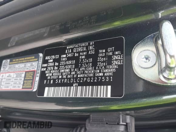 2023 Kia Sorento X-Line S with VIN 5XYRLDLC2PG227531, listed as a IAAI auction lot 42592928 with 14,506 mi miles and . Bid and sale history available at DreamBid. Image 9.