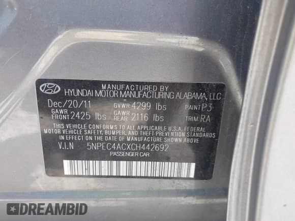 2012 Hyundai Sonata Limited with VIN 5NPEC4ACXCH442692, listed as a IAAI auction lot 42549265 with 163,712 mi miles and . Bid and sale history available at DreamBid. Image 9.