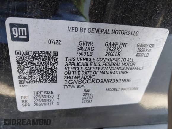 2022 Chevrolet Suburban LT с VIN 1GNSCCKD9NR351906, выставлен на аукционе IAAI как лот 41473370 с пробегом Не указан миль и . История ставок и продаж доступна на DreamBid. Изображение 9.