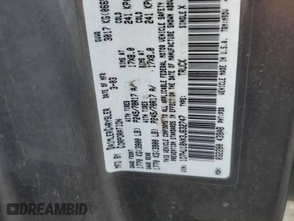 2003 Dodge 1500 ST z VIN 1D7HU18NX3J632747, wystawiony jako Copart lot #66006025 z przebiegiem 187 443 mil mil oraz Szkoda całkowita • Salvage title. Historia ofert i sprzedaży dostępna na DreamBid. Obrazek 12.