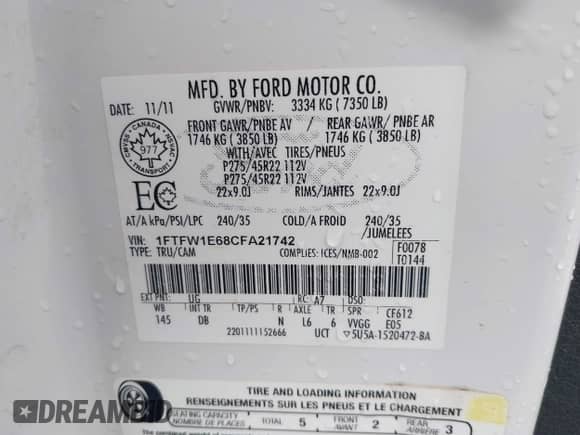 2012 Ford F-150 Lariat with VIN 1FTFW1E68CFA21742, listed as a IAAI auction lot 42638258 with 148,415 mi miles and . Bid and sale history available at DreamBid. Image 9.