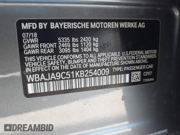 2019 BMW 5 Series 530e с VIN WBAJA9C51KB254009, выставлен на аукционе IAAI как лот 42650685 с пробегом 51 461 миль миль и . История ставок и продаж доступна на DreamBid. Изображение 9.