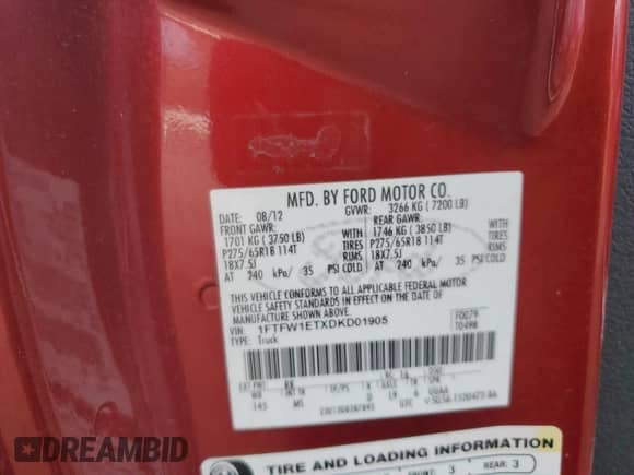 2013 Ford F-150 Lariat with VIN 1FTFW1ETXDKD01905, listed as a Copart auction lot 89703265 with 347,789 mi miles and Clean title. Bid and sale history available at DreamBid. Image 12.