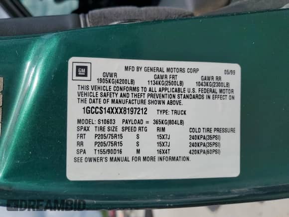 1999 Chevrolet S-10 с VIN 1GCCS14XXX8197212, выставлен на аукционе Copart как лот 56590995 с пробегом 201 771 миль миль и Списание • Salvage title. История ставок и продаж доступна на DreamBid. Изображение 12.