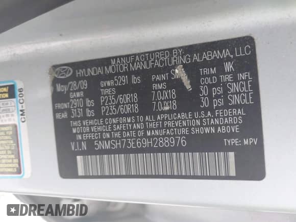 2009 Hyundai Santa Fe Limited z VIN 5NMSH73E69H288976, wystawiony jako IAAI lot #42276140 z przebiegiem 240 239 mil mil oraz . Historia ofert i sprzedaży dostępna na DreamBid. Obrazek 9.