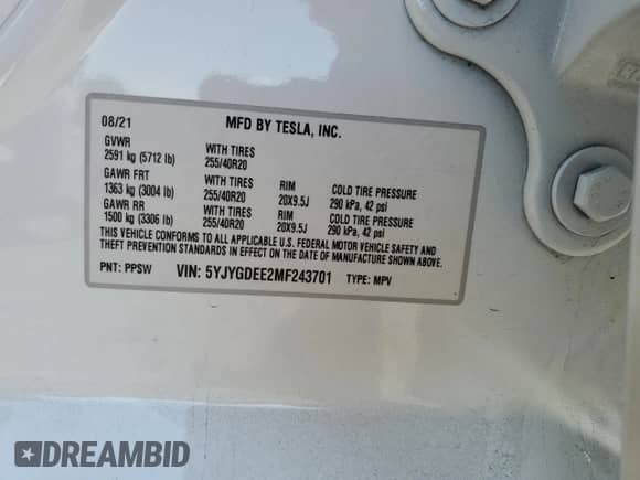 2021 Tesla Model Y Long Range с VIN 5YJYGDEE2MF243701, выставлен на аукционе Copart как лот 81344595 с пробегом 50 095 миль миль и Списание • Salvage title. История ставок и продаж доступна на DreamBid. Изображение 13.