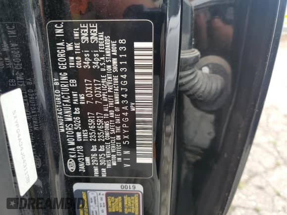 2018 Kia Sorento L with VIN 5XYPG4A34JG431138, listed as a Copart auction lot 60890905 with 124,343 mi miles and Clean title. Bid and sale history available at DreamBid. Image 13.