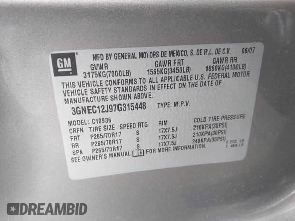 2007 Chevrolet Avalanche 2LT z VIN 3GNEC12J97G315448, wystawiony jako IAAI lot #42504725 z przebiegiem 250 456 mil mil oraz . Historia ofert i sprzedaży dostępna na DreamBid. Obrazek 9.
