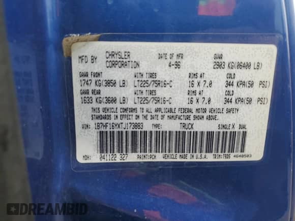 1996 Dodge 1500 с VIN 1B7HF16YXTJ173883, выставлен на аукционе Copart как лот 71092674 с пробегом 144 323 миль миль и Списание • Salvage title. История ставок и продаж доступна на DreamBid. Изображение 12.