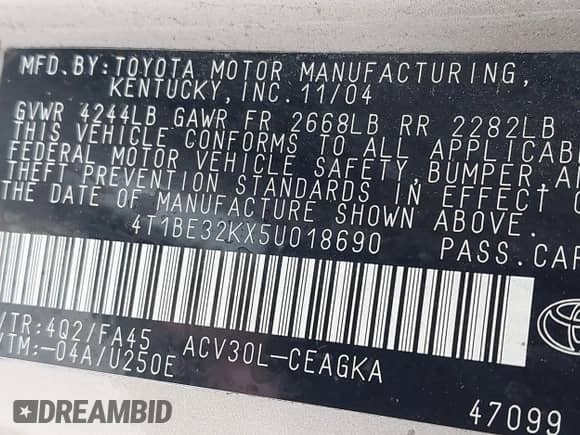 2005 Toyota Camry STD с VIN 4T1BE32KX5U018690, выставлен на аукционе IAAI как лот 43119548 с пробегом 290 602 миль миль и . История ставок и продаж доступна на DreamBid. Изображение 9.