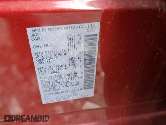 2017 Nissan Pathfinder S with VIN 5N1DR2MNXHC652834, listed as a Copart auction lot 89506585 with 147,569 mi miles and Clean title. Bid and sale history available at DreamBid. Image 13.