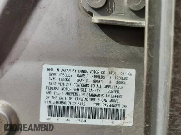 2006 Honda Accord VP с VIN JHMCM56176C008472, выставлен на аукционе Copart как лот 70412515 с пробегом 126 451 миль миль и Чистый • Clean title. История ставок и продаж доступна на DreamBid. Изображение 13.