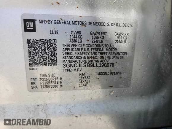 2020 Chevrolet Trax LT with VIN 3GNCJLSB9LL190678, listed as a Copart auction lot 63058425 with 52,425 mi miles and Salvage title. Bid and sale history available at DreamBid. Image 12.