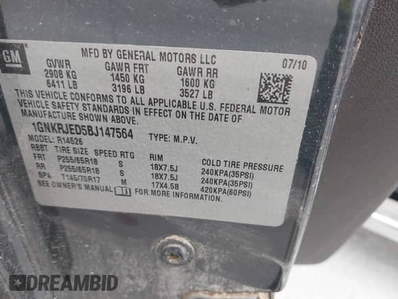 2011 Chevrolet Traverse 2LT с VIN 1GNKRJED5BJ147564, выставлен на аукционе IAAI как лот 42701524 с пробегом Не указан миль и . История ставок и продаж доступна на DreamBid. Изображение 9.