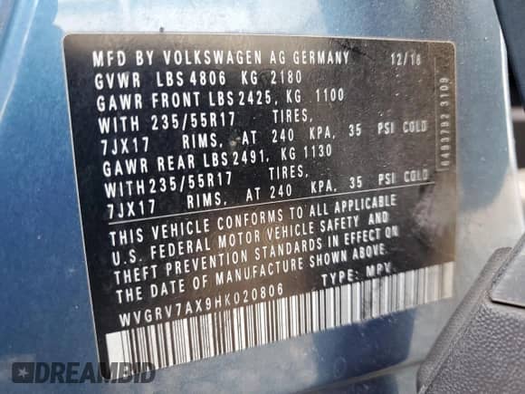 2017 Volkswagen Tiguan Wolfsburg Edition с VIN WVGRV7AX9HK020806, выставлен на аукционе Copart как лот 89558085 с пробегом 130 156 миль миль и Чистый • Clean title. История ставок и продаж доступна на DreamBid. Изображение 13.