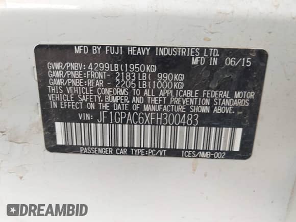 2015 Subaru Impreza Premium with VIN JF1GPAC6XFH300483, listed as a IAAI auction lot 43158484 with 154,593 mi miles and . Bid and sale history available at DreamBid. Image 9.