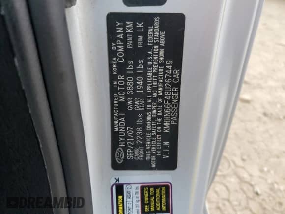 2008 Hyundai Tiburon GT с VIN KMHHN66F48U267449, выставлен на аукционе Copart как лот 60406785 с пробегом 25 262 миль миль и Списание • Salvage title. История ставок и продаж доступна на DreamBid. Изображение 12.