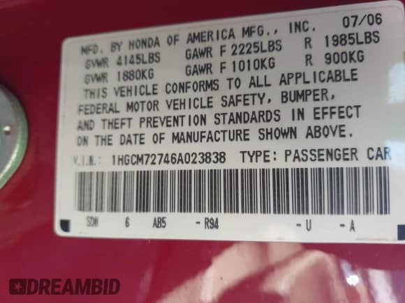 2006 Honda Accord EX with VIN 1HGCM72746A023838, listed as a IAAI auction lot 43178340 with 209,336 mi miles and . Bid and sale history available at DreamBid. Image 9.