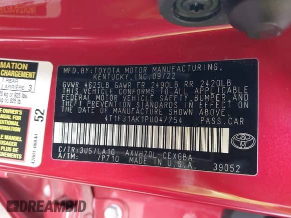 2023 Toyota Camry Hybrid XLE с VIN 4T1F31AK1PU047754, выставлен на аукционе IAAI как лот 42204324 с пробегом 42 786 миль миль и . История ставок и продаж доступна на DreamBid. Изображение 9.