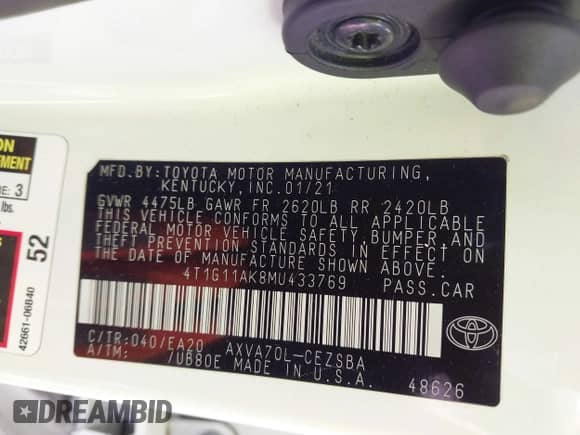 2021 Toyota Camry SE Nightshade z VIN 4T1G11AK8MU433769, wystawiony jako IAAI lot #43150076 z przebiegiem 92 123 mil mil oraz . Historia ofert i sprzedaży dostępna na DreamBid. Obrazek 9.