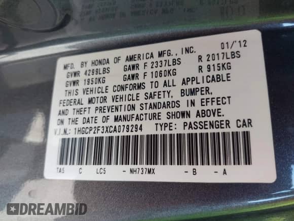 2012 Honda Accord LX с VIN 1HGCP2F3XCA079294, выставлен на аукционе IAAI как лот 43086883 с пробегом 116 751 миль миль и . История ставок и продаж доступна на DreamBid. Изображение 9.