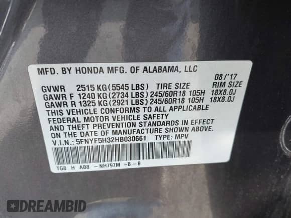 2017 Honda Pilot EX с VIN 5FNYF5H32HB030661, выставлен на аукционе IAAI как лот 43238152 с пробегом 105 984 миль миль и . История ставок и продаж доступна на DreamBid. Изображение 9.