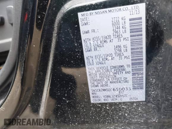 2014 Nissan Pathfinder Platinum Hybrid with VIN 5N1CR2MM5EC650035, listed as a IAAI auction lot 41935916 with 163,108 mi miles and . Bid and sale history available at DreamBid. Image 9.