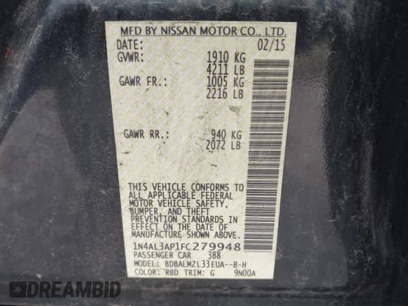 2015 Nissan Altima S z VIN 1N4AL3AP1FC279948, wystawiony jako IAAI lot #43439890 z przebiegiem 164 033 mil mil oraz . Historia ofert i sprzedaży dostępna na DreamBid. Obrazek 9.